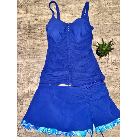 Gottex Blue Tankini Swimsuit Set Sz 12 | Ruched Underwire Top Skirted Bottom | - Picture 1 of 4